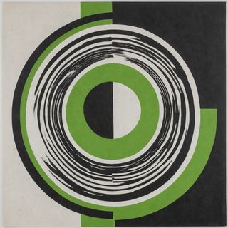 Geometric brutalist composition featuring concentric circles rippling outward like sound waves or water pulses, rendered in stark black and white with single accent color (acid green). Modernist design influenced by 1960s Swiss typography and Bauhaus. Clean lines, mathematical precision, hypnotic repetition. The circles pulse from a central void, suggesting both percussion strikes and flowing grooves. High contrast, screen-print aesthetic.