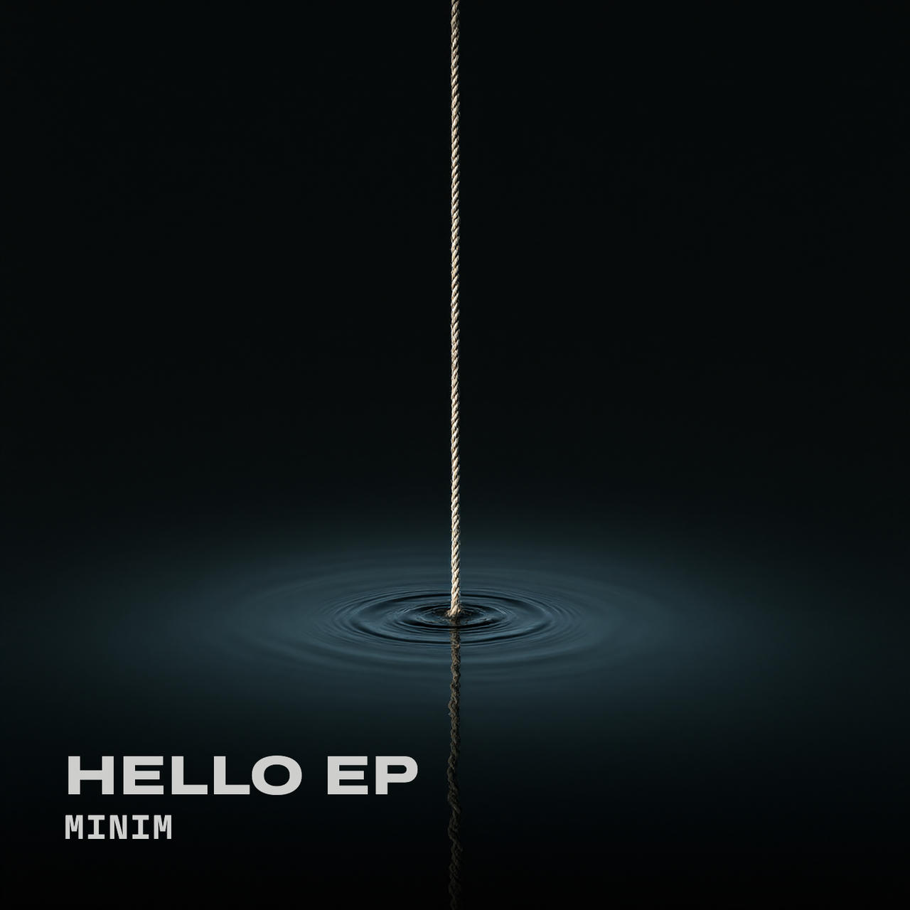 A single pale rope hangs straight down through a dark, almost black space and meets still water, where it sends out soft blue-grey ripples and is reflected below the surface. In the lower left corner, "HELLO EP" is written in large bold light-grey capitals, with "MINIM" in smaller spaced letters beneath.