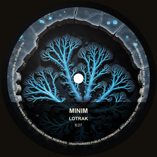 A square image of a vinyl record on a dark charcoal background. The black vinyl disc fills most of the frame, with concentric grooves visible across its surface and a small white spindle hole at the centre. The label is circular and dominates the inner portion of the disc; it shows a deep blue-black artwork of branching, coral-like organic forms radiating outward from the centre, set against a cracked stone-grey rim that frames the design like a broken portal. In the lower half of the label, a translucent white panel sits across the artwork, holding three lines of black text: "MINIM" in bold sans-serif at the top, "LOTRAK" in slightly smaller bold sans-serif beneath it, and "6:27" in tiny sans-serif at the bottom. Curved fine-print copyright text — "ALL RIGHTS OF THE MANUFACTURER... UNAUTHORISED PUBLIC PERFORMANCE..." — wraps around the lower two-thirds of the label rim. There are no waveform bars; the image is a still presentation of the record itself.