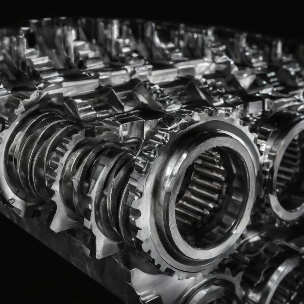Close-up view of a complex mechanical transmission system showing multiple interlocking metal gears, bearings, and shafts. The polished steel components include cylindrical roller bearings in the foreground and various sized cogwheels with precisely machined teeth extending into the background, creating a detailed pattern of industrial machinery.