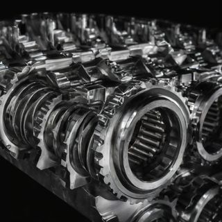 Close-up view of a complex mechanical transmission system showing multiple interlocking metal gears, bearings, and shafts. The polished steel components include cylindrical roller bearings in the foreground and various sized cogwheels with precisely machined teeth extending into the background, creating a detailed pattern of industrial machinery.