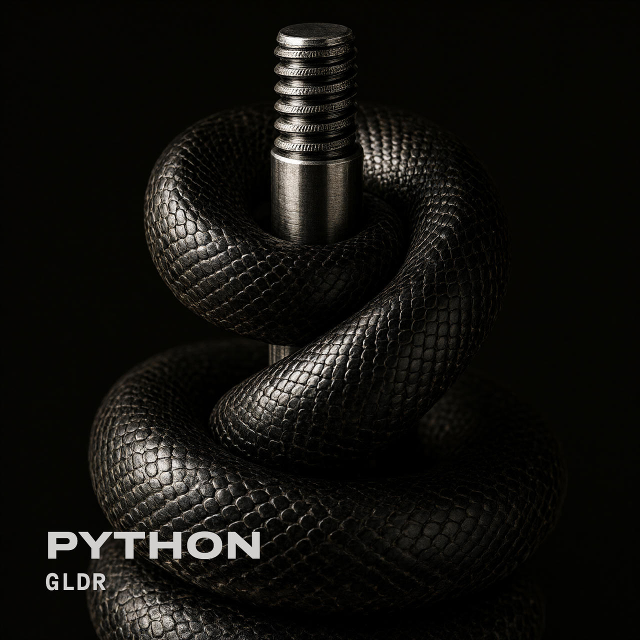 A thick black python wound in an S-shaped coil around a threaded steel bolt, its scales catching a hard side light against a black background. In the lower left corner, "PYTHON" is written in large bold off-white capitals, with "GLDR" in smaller spaced letters beneath.