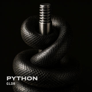 A thick black python wound in an S-shaped coil around a threaded steel bolt, its scales catching a hard side light against a black background. In the lower left corner, "PYTHON" is written in large bold off-white capitals, with "GLDR" in smaller spaced letters beneath.