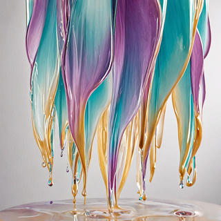 A cascade of translucent, paint-like ribbons falls from the top of the frame, caught mid-drip as they taper toward a shallow reflective pool at the base. The ribbons are glassy and semi-opaque, coloured in bands of turquoise, deep teal, violet and warm amber-gold, with pale lilac and cream bleeding between them. Liquid droplets hang from the tips of each strand, some still mid-fall, each catching a highlight that reads as pearlescent glass rather than water.