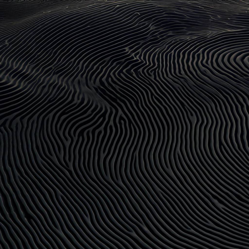 A dark, almost entirely black surface covered in dense, undulating parallel ridges — like a topographic map rendered in matte black rubber. The lines flow organically, curving and converging around what appears to be a central disruption or fold, reminiscent of a fingerprint, sand dunes seen from above, or the grooves of a vinyl record warped by heat. The lighting is extremely subtle, catching just enough of the ridge edges to give the surface dimensionality. Moody, tactile, and minimal