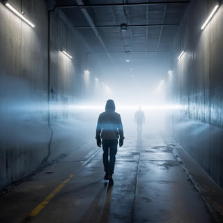 A hooded figure walks away from the camera down a raw concrete industrial tunnel — loading dock or underground service corridor — flooded with thick blue-white fog. A second figure, fainter and more dissolved, appears ahead and to the right, already half-consumed by the haze. The floor is wet, catching reflections of the overhead fluorescent strip lights that line both walls at regular intervals. A single yellow road marking runs along the left edge of the floor. The perspective pulls hard toward a blown-out white vanishing point where the fog becomes total.