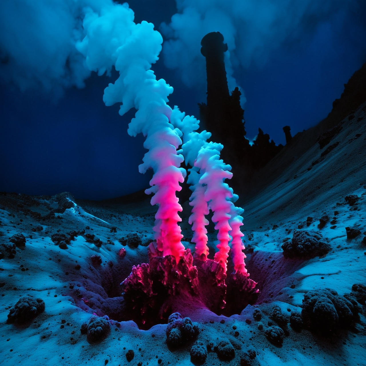 Luminous hydrothermal plumes erupt from a crater on a dark, craggy ocean floor, the columns of billowing fluid glowing in vivid magenta and hot pink against an electric cyan-lit seabed. Jagged mineral towers silhouette in the background as the plumes dissolve upward into deep blue darkness — it reads like a neon volcanic eruption frozen in deep space.