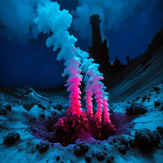 Luminous hydrothermal plumes erupt from a crater on a dark, craggy ocean floor, the columns of billowing fluid glowing in vivid magenta and hot pink against an electric cyan-lit seabed. Jagged mineral towers silhouette in the background as the plumes dissolve upward into deep blue darkness — it reads like a neon volcanic eruption frozen in deep space.